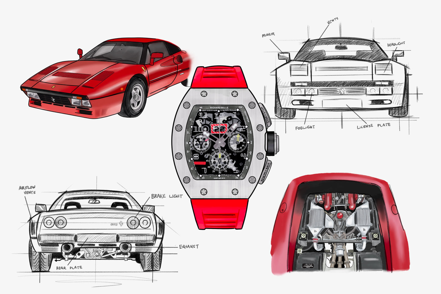 Ferrari 288 GTO Richard Mille Hand Drawn Collage Print 16x24