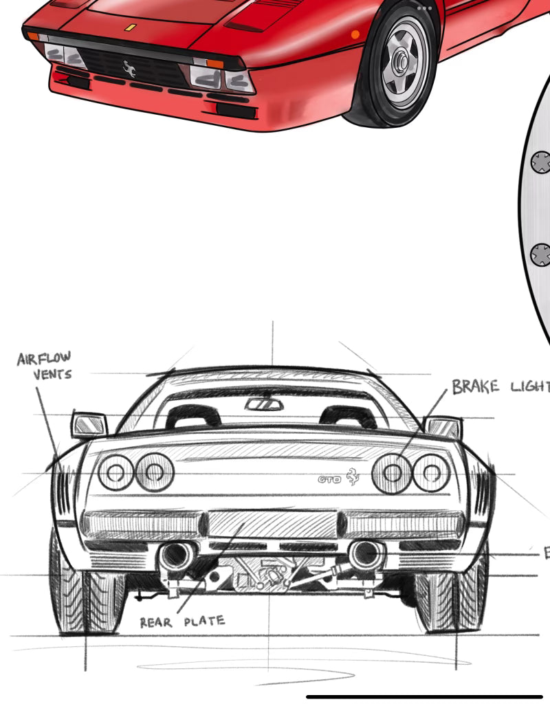 Ferrari 288 GTO Richard Mille Hand Drawn Collage Print 16x24