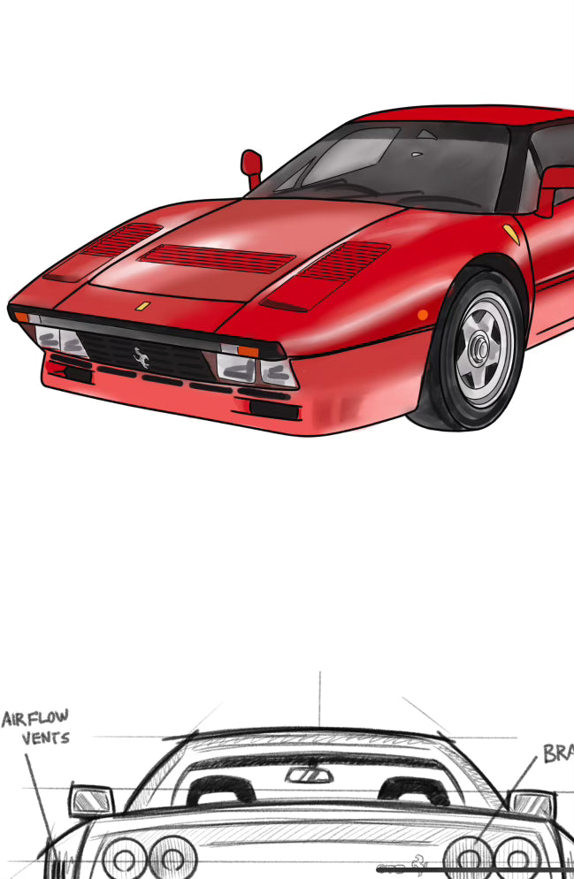 Ferrari 288 GTO Richard Mille Hand Drawn Collage Print 16x24