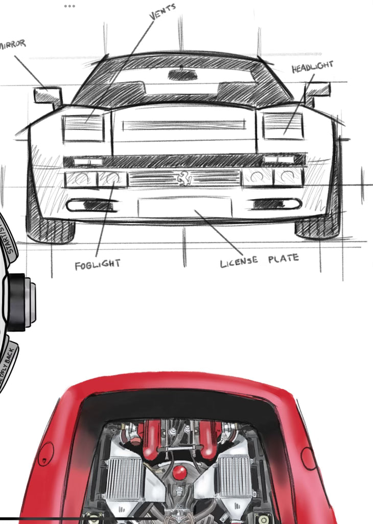 Ferrari 288 GTO Richard Mille Hand Drawn Collage Print 16x24