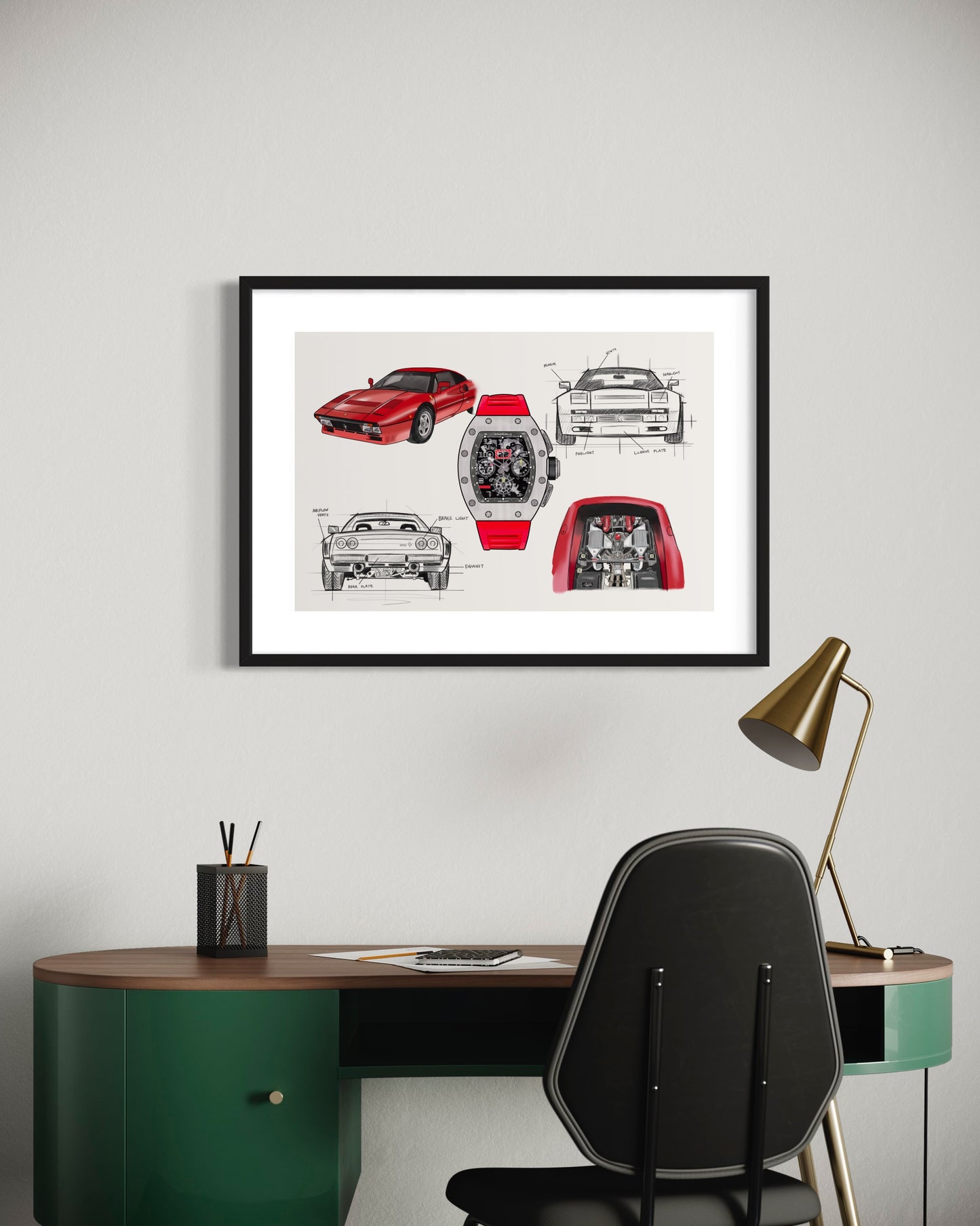 Ferrari 288 GTO Richard Mille Hand Drawn Collage Print 16x24